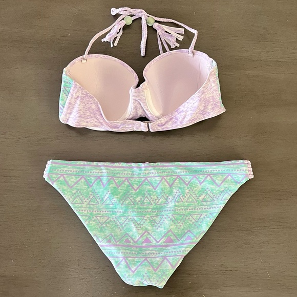 Heat Light Purple Green Geo Padded Push-Up Foam Cup Underwire Seam Bead Bikini M - Picture 4 of 7